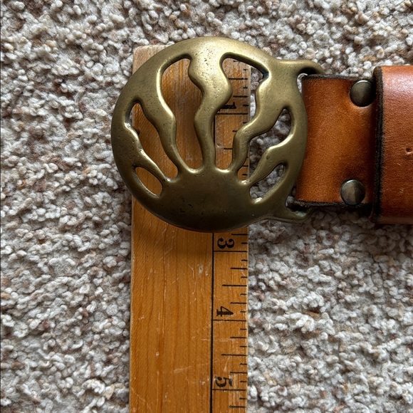 VTG 60’s 70’s Brown Leather Belt Wavy Sunrise Brass Belt Buckle Hippie Boho 32 - Picture 14 of 15